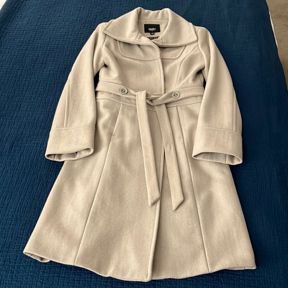 Mossimo woolen coat with belt tie. Chest 33”. Length 36”.